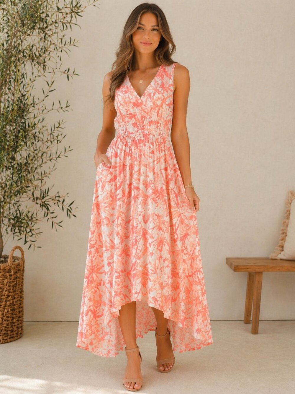 Tommy Hilfiger Coral and White Floral Midi Dress - New!